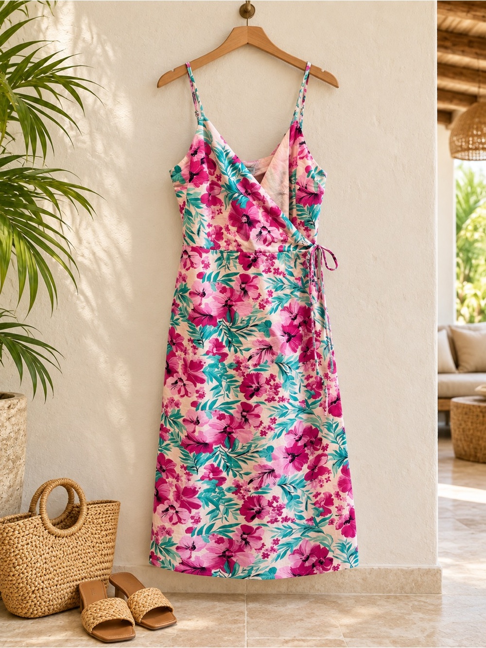 NWT J.Crew Factory Floral Cotton Wrap Midi Dress Pink Green Size 12